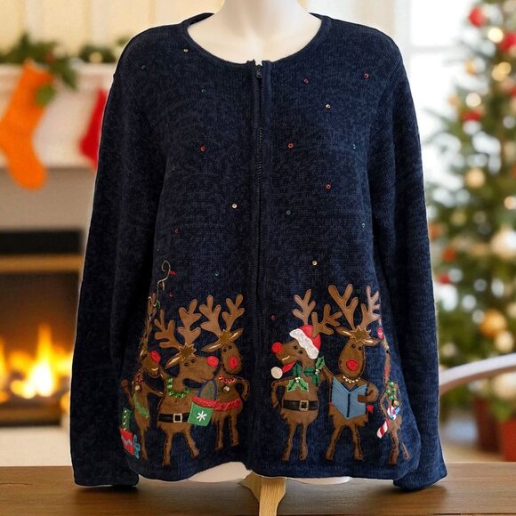 Tiara International Sweaters - VINTAGE Blue Christmas Sweater | Singing Reindeer & Festive Lights | Tiara